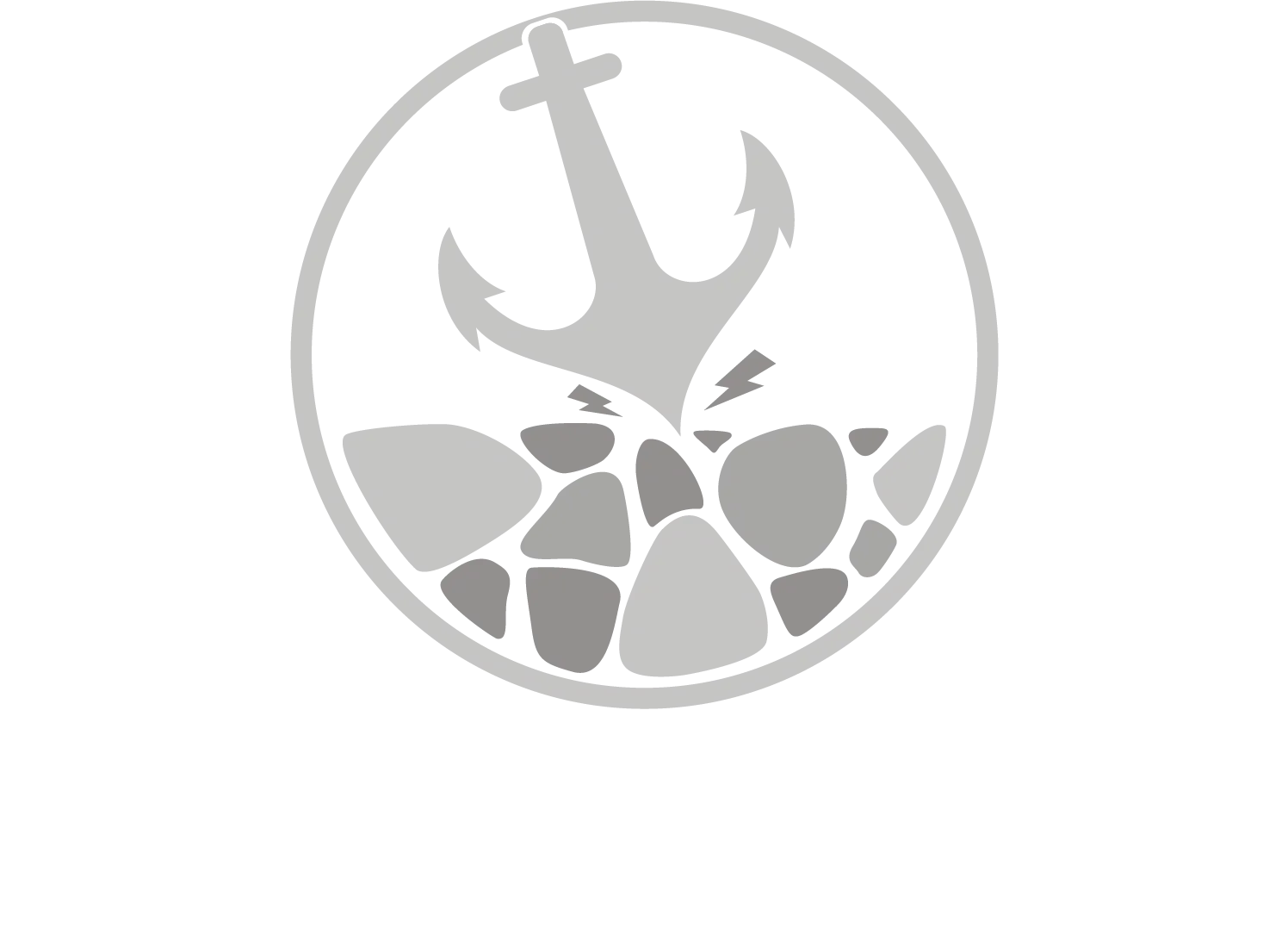 A black and white logo with an anchor and rocks in a circle.