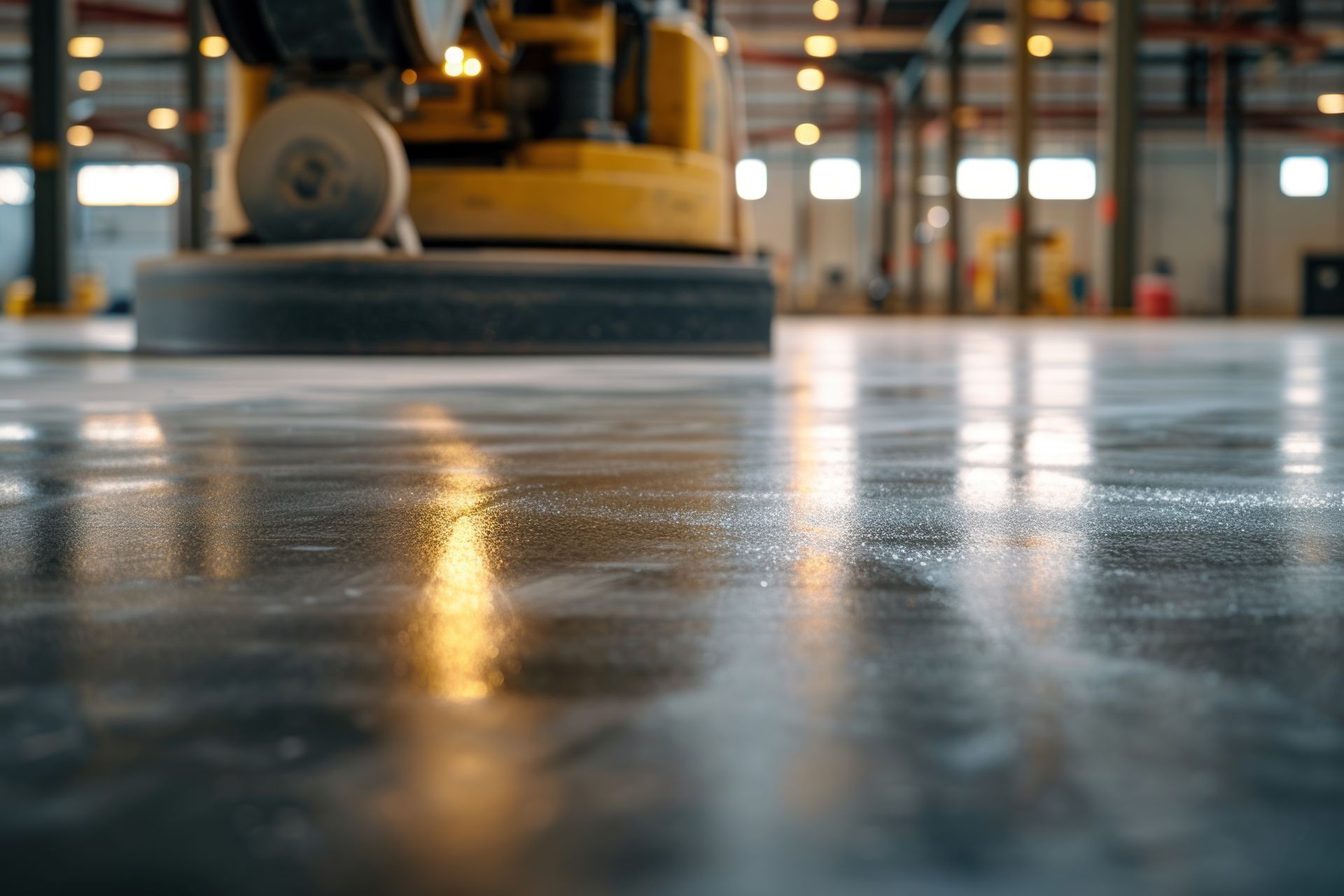 A machine is cleaning a concrete floor in a warehouse.