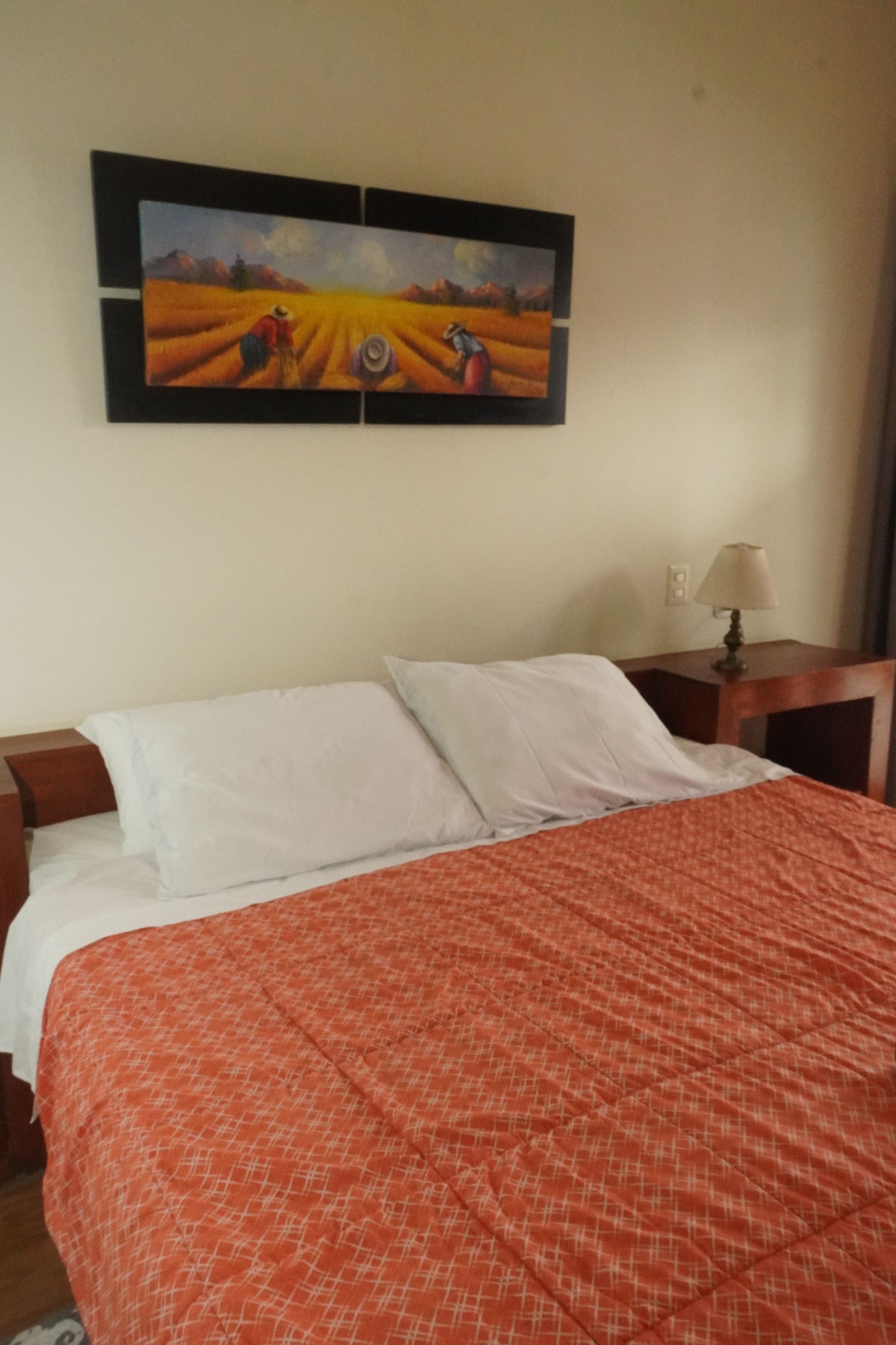 Bedroom with a bed, orange quilt, white sheets, painting above, and a bedside table with a lamp.