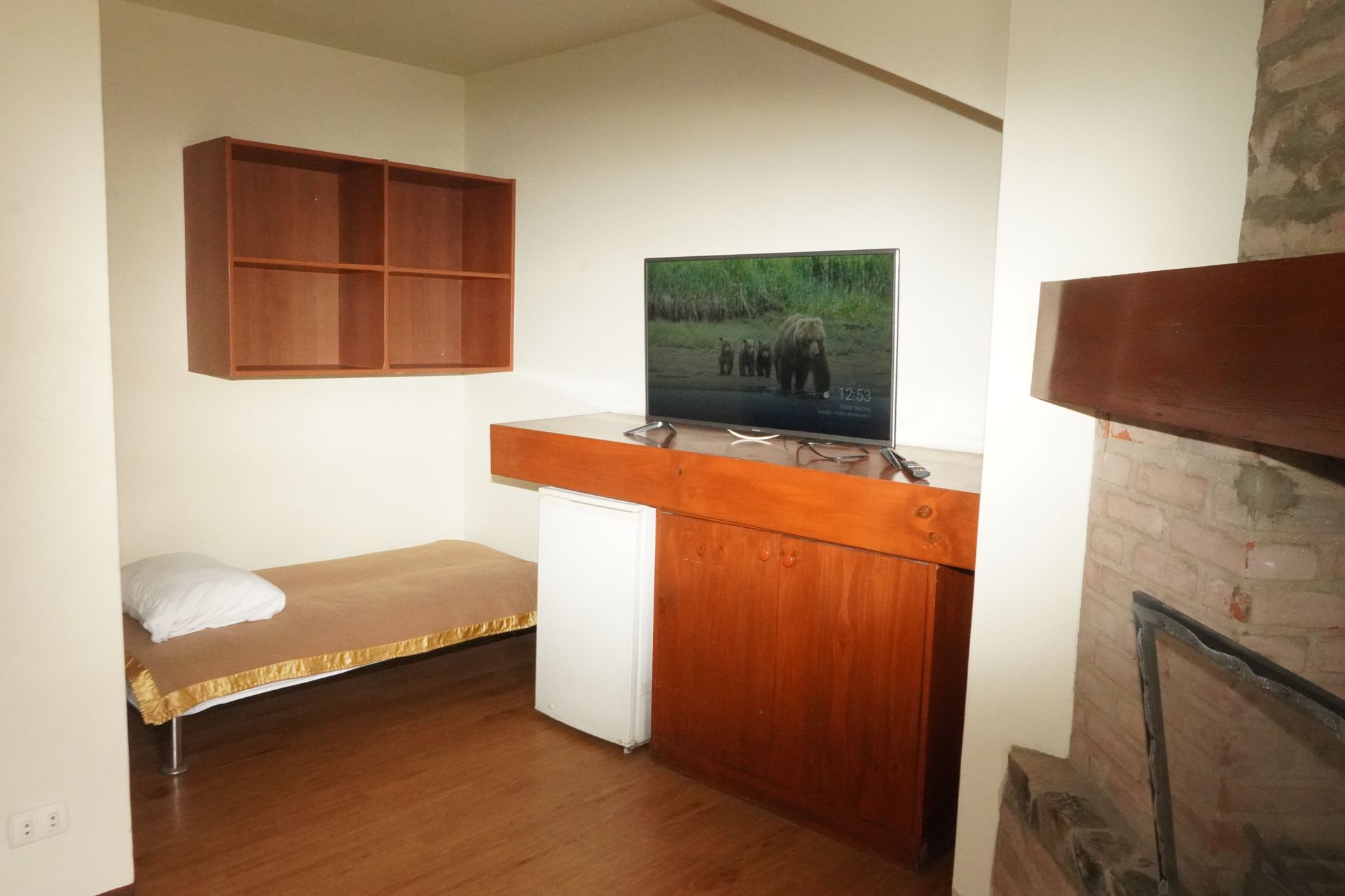 Small room with a bed, TV, built-in cabinet, and floating shelves.  A fireplace is to the right.