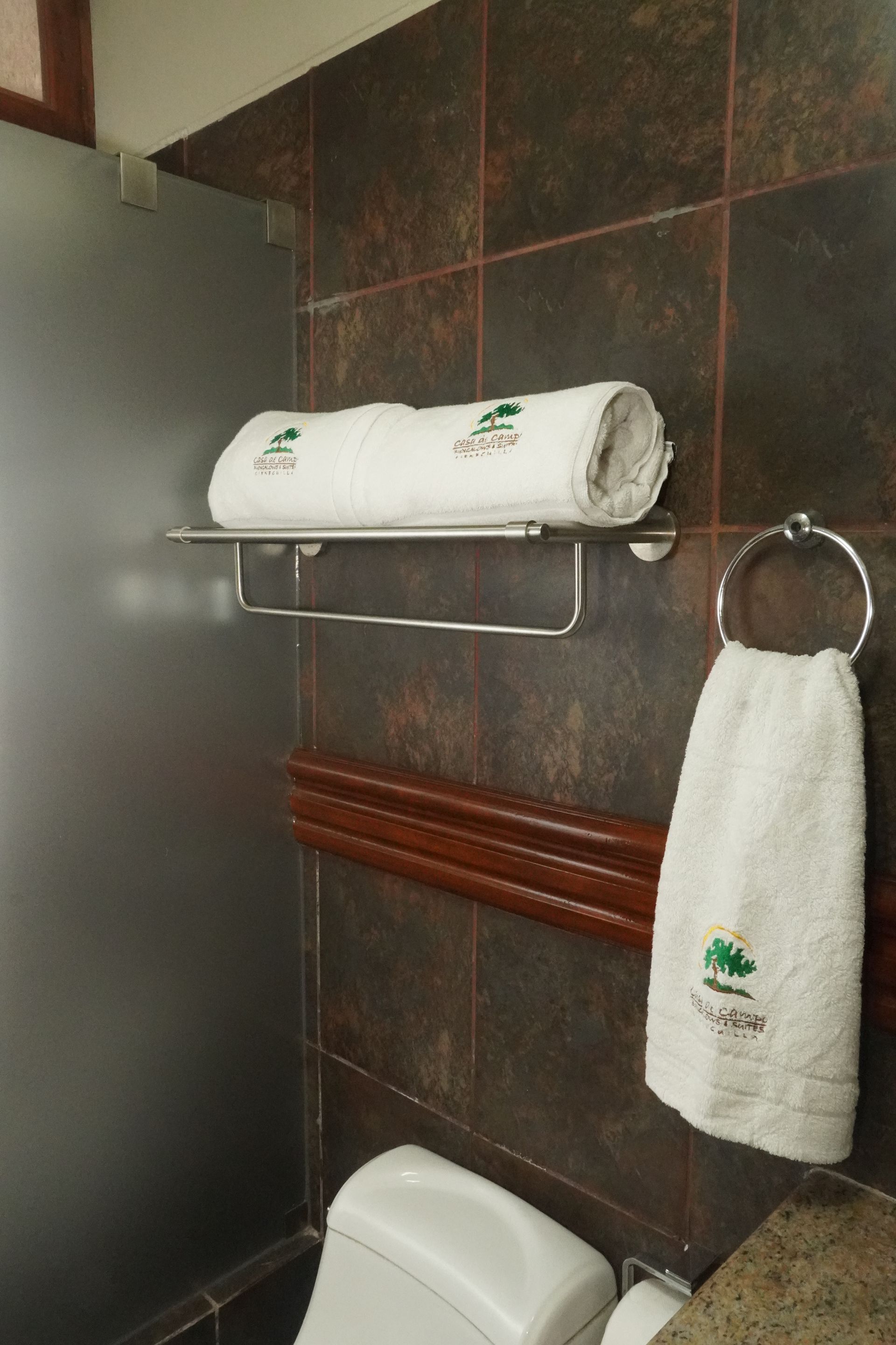 Bathroom with white towels on a rack and ring, dark brown tiled walls, and a frosted glass shower door.