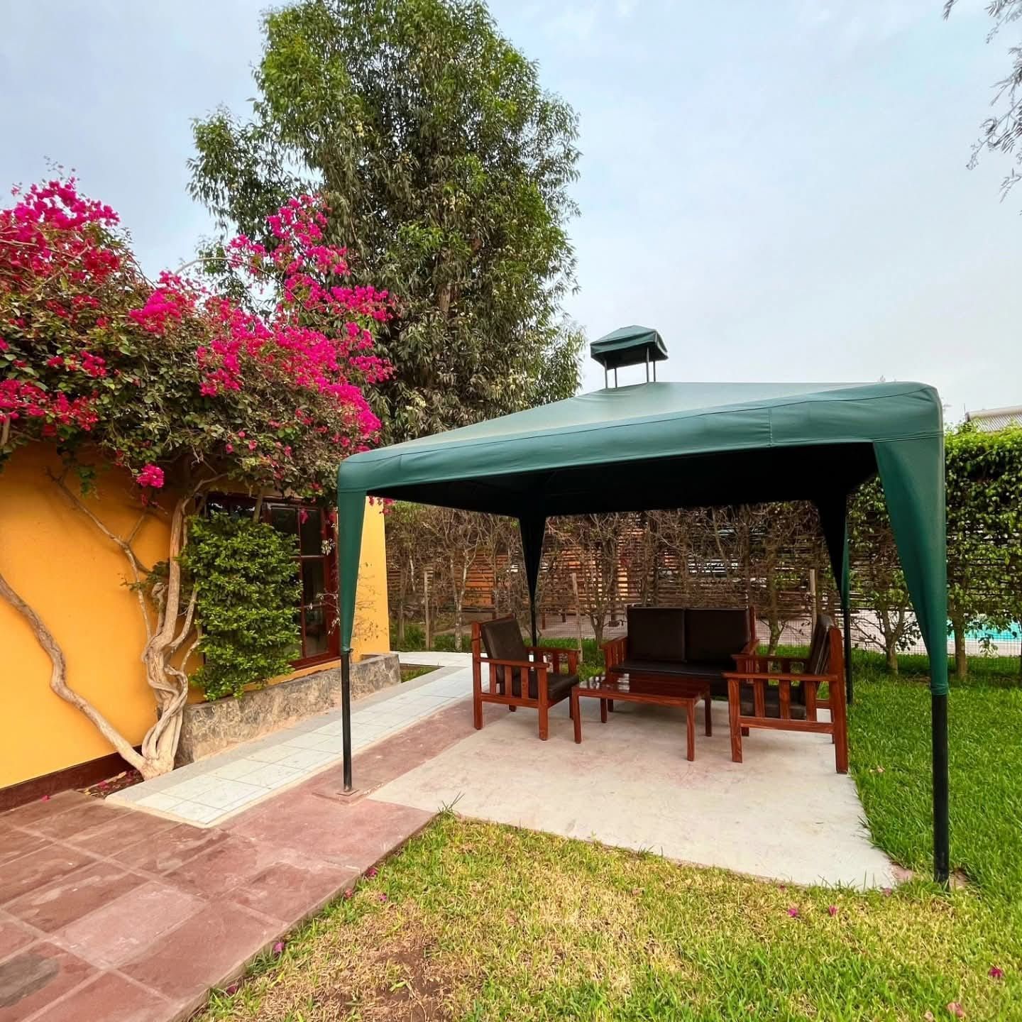 Green gazebo with seating on a concrete patio, beside a lawn and bougainvillea-covered wall.