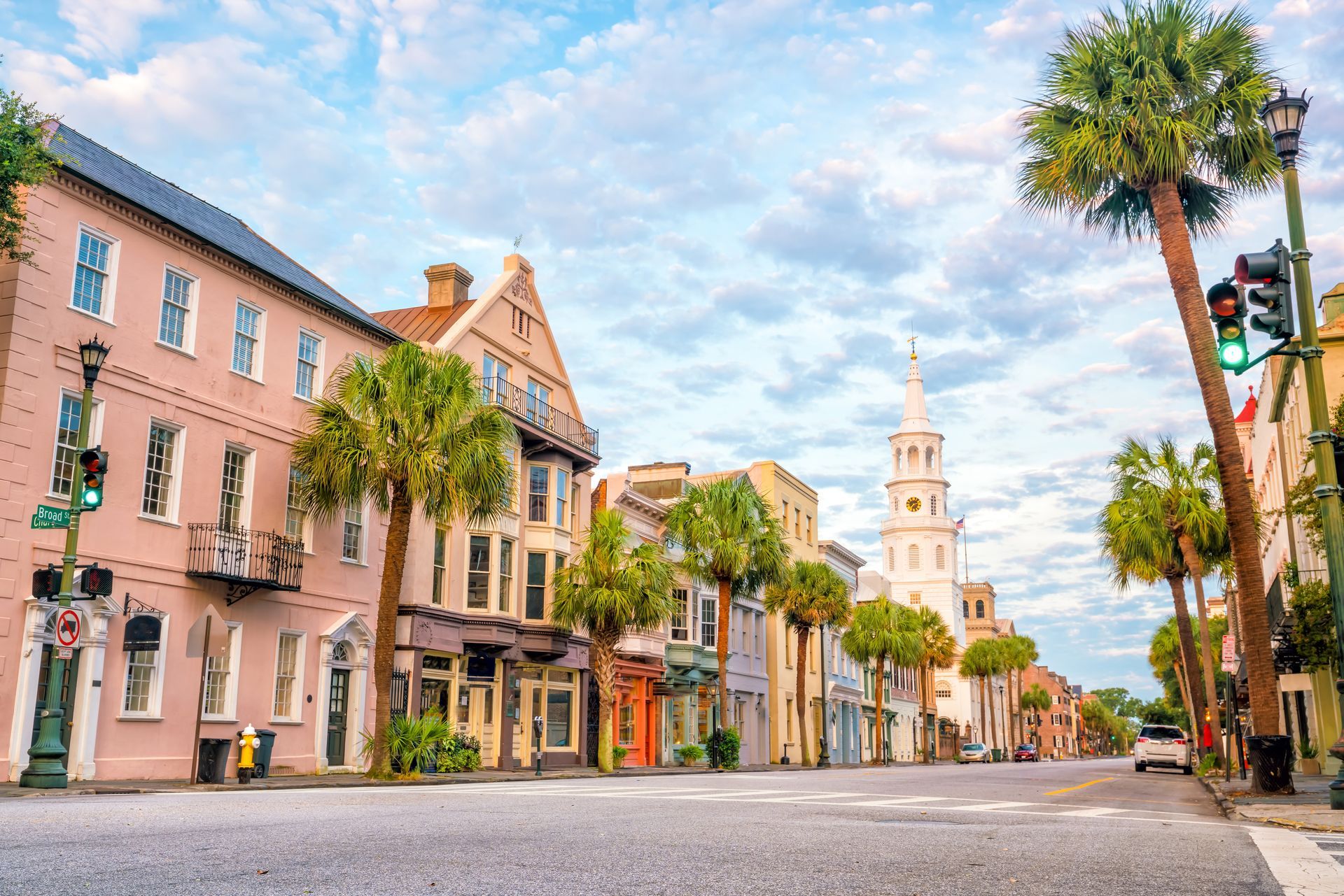 a street in Charleston with palm trees