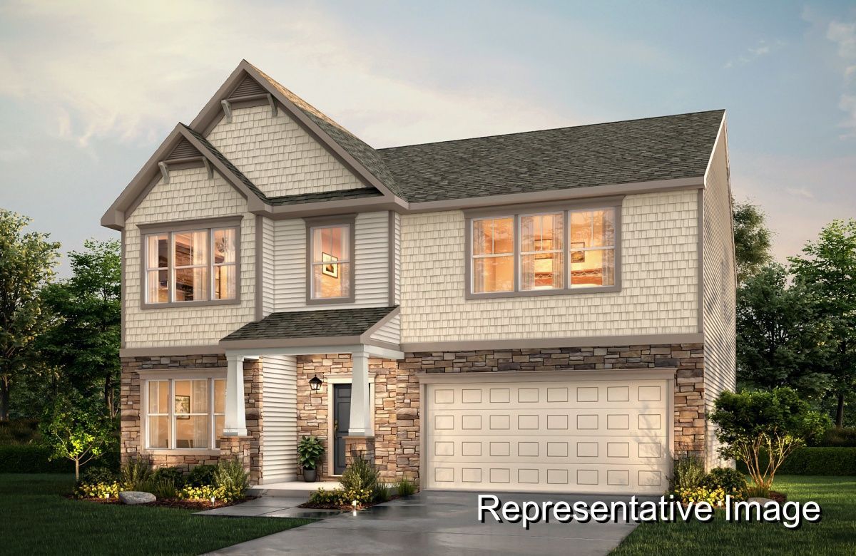 A rendering of a house with a garage and a porch.