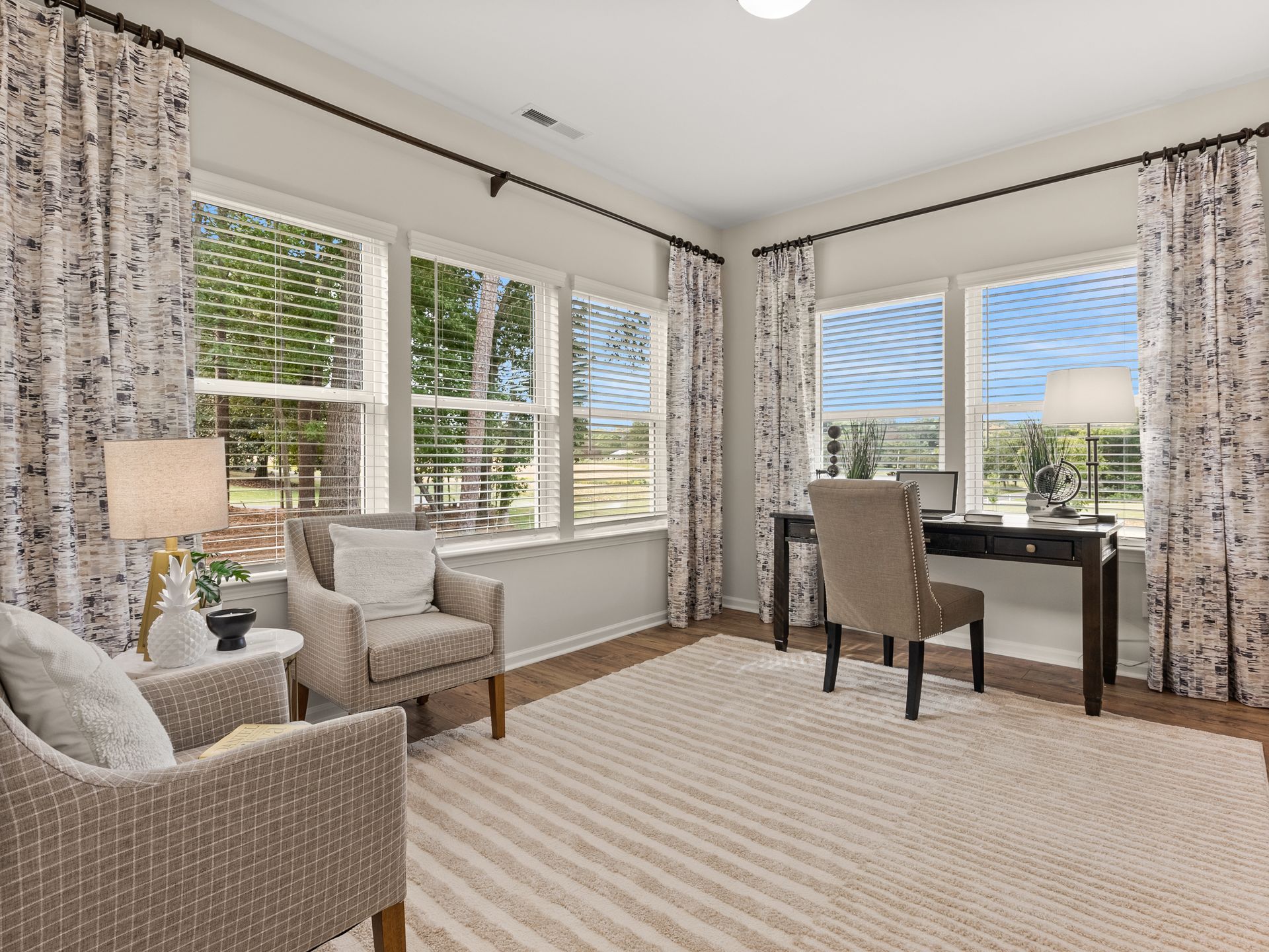 A living room with a desk , chairs , and a rug.