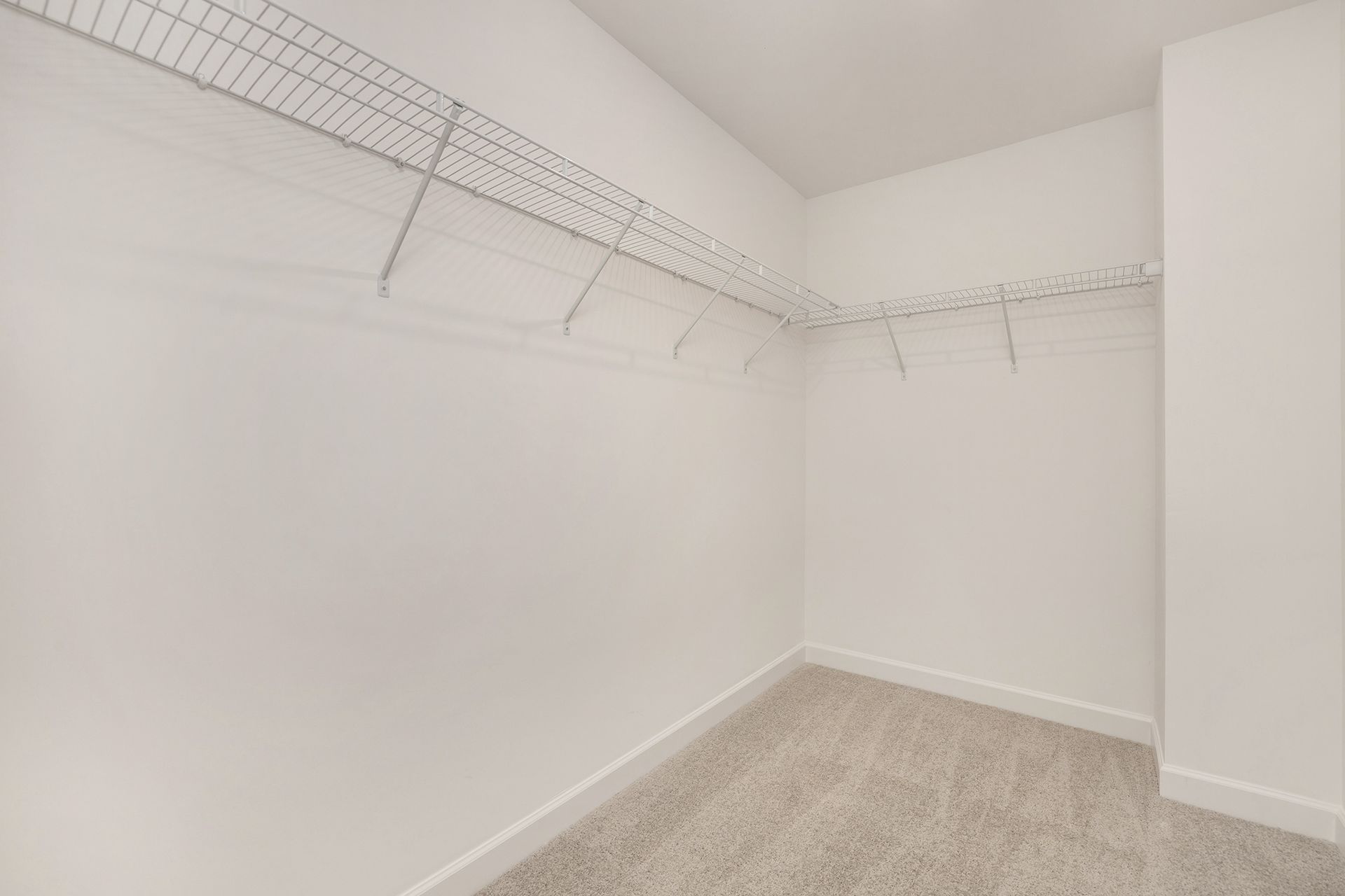 An empty walk in closet with a carpeted floor and wire shelves.
