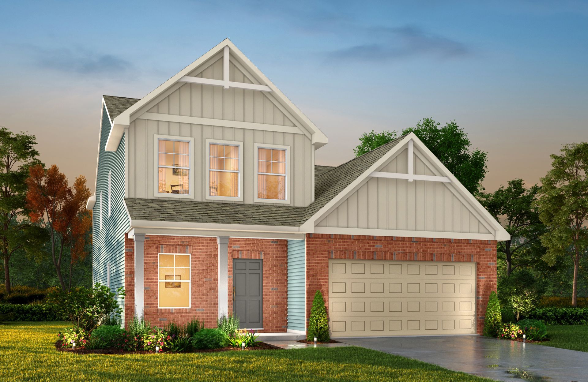 A rendering of a brick house with a white roof and a garage.