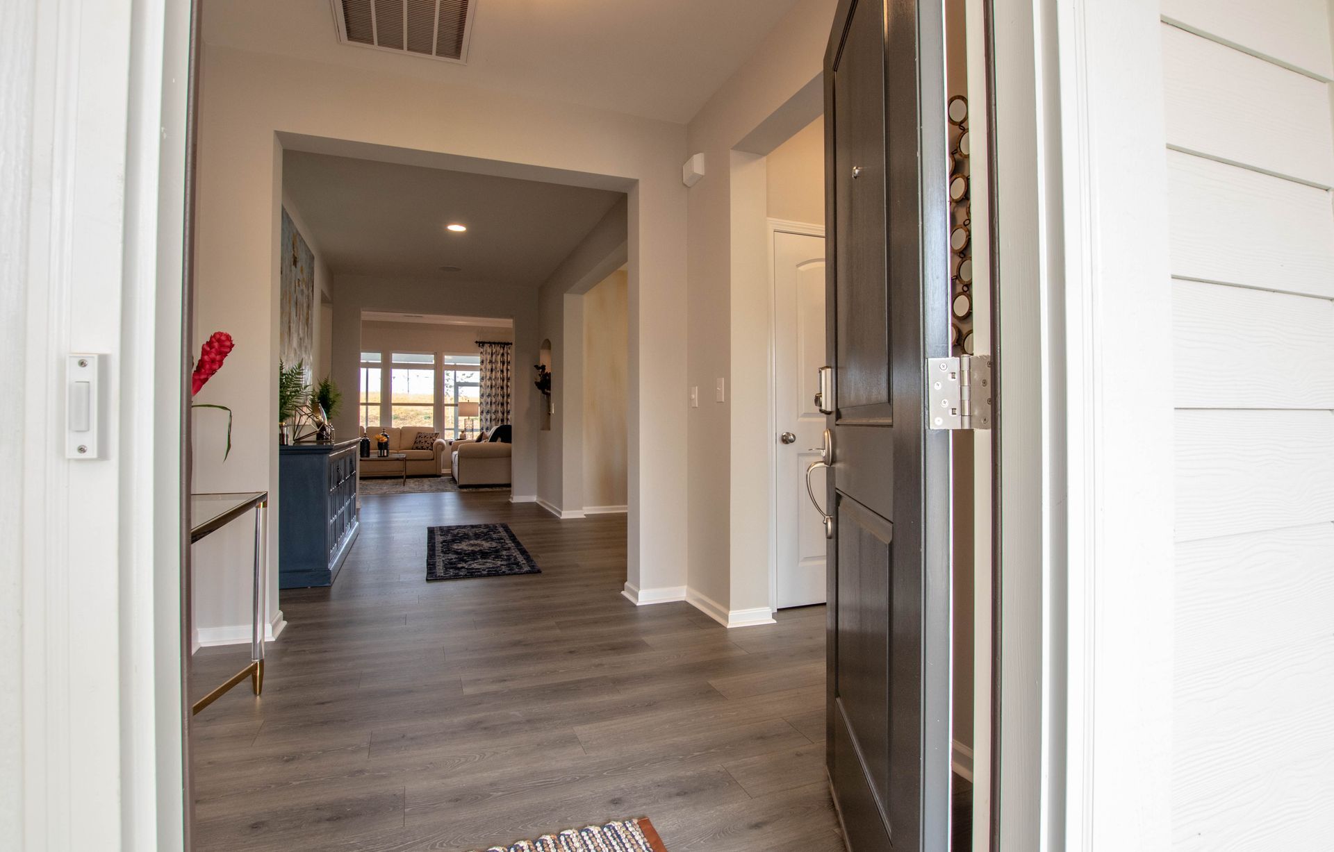 A hallway in a house with a door open and a rug on the floor.