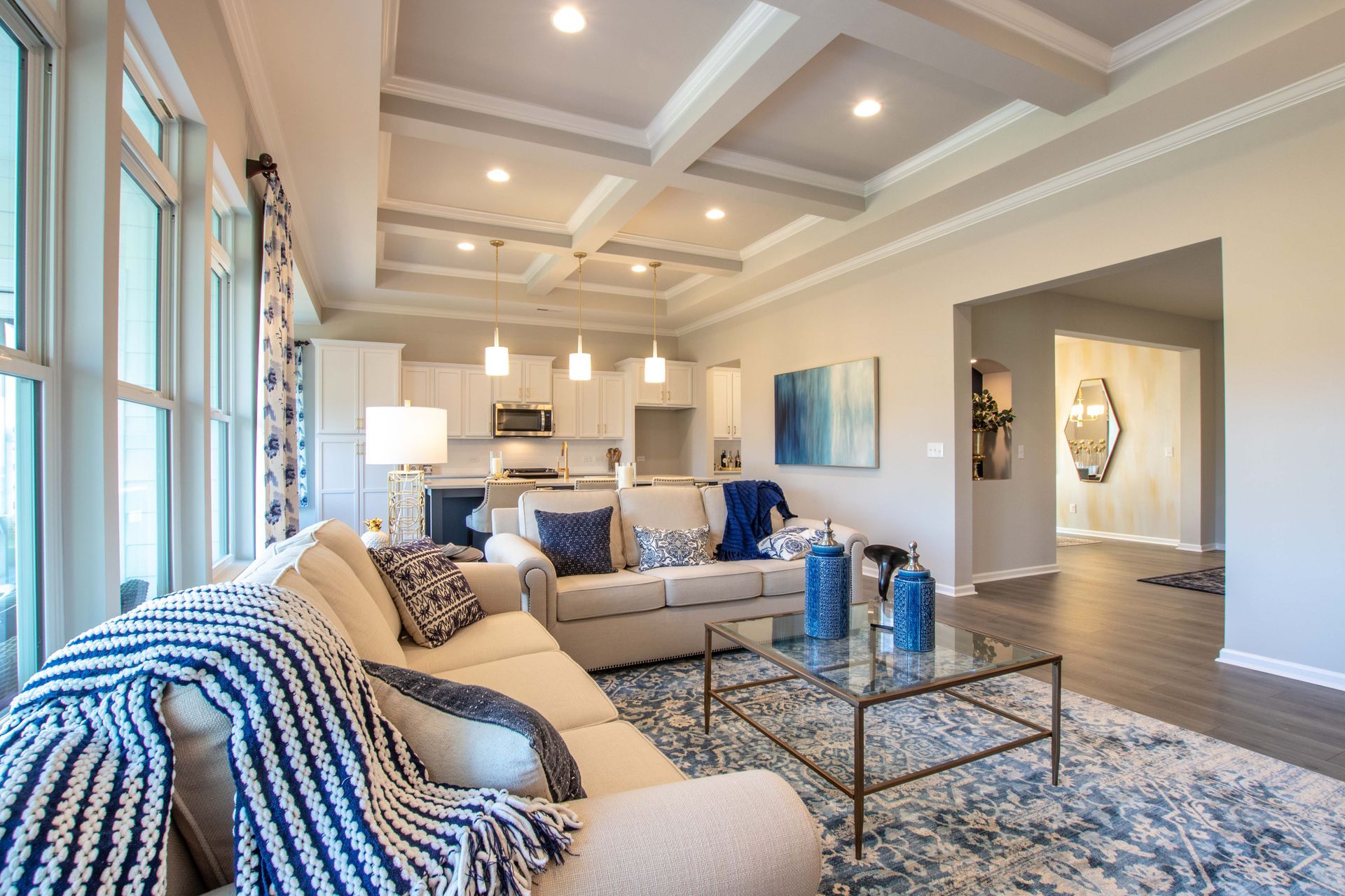 A living room with a couch and a coffee table