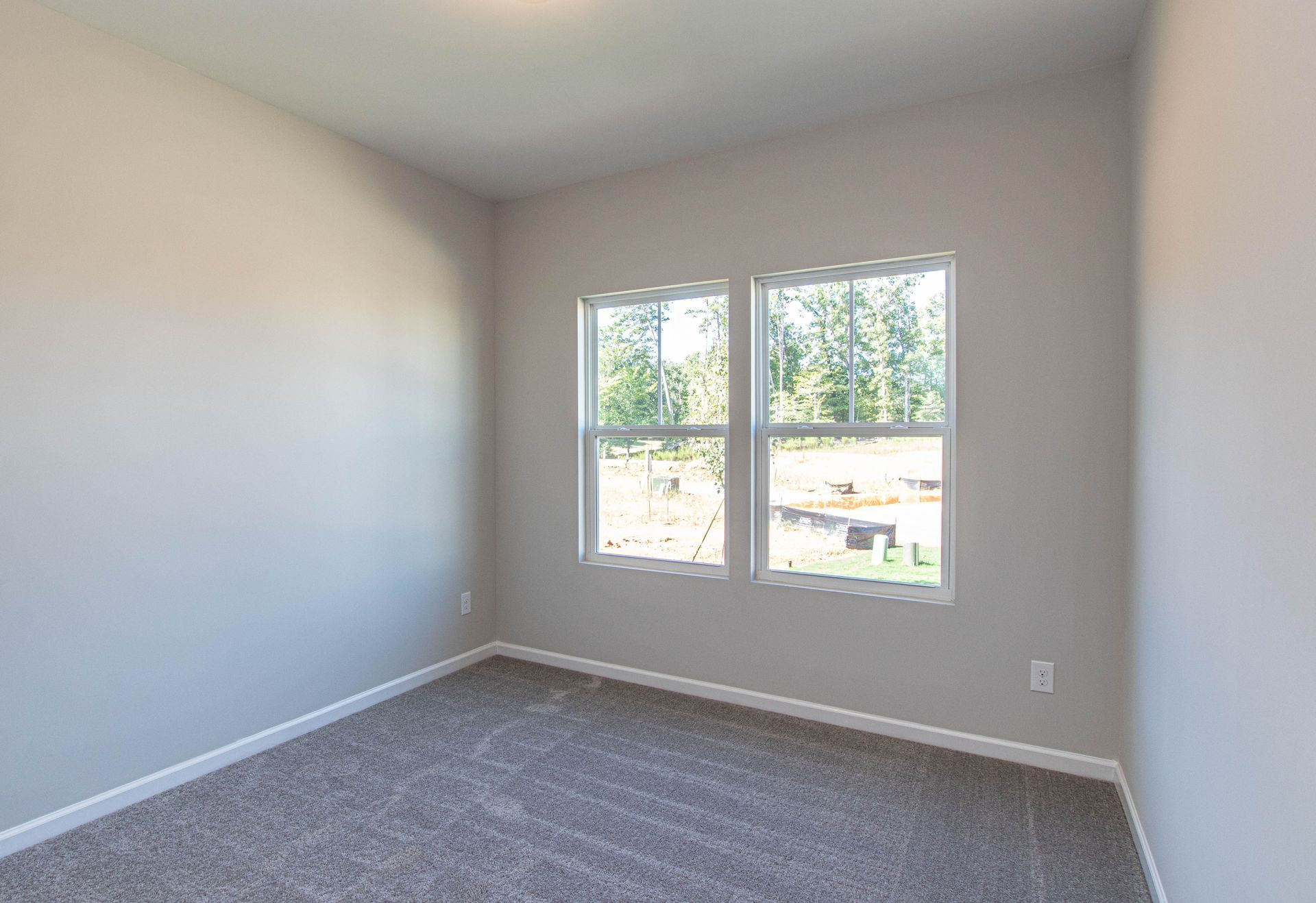An empty bedroom with two windows and a carpeted floor.
