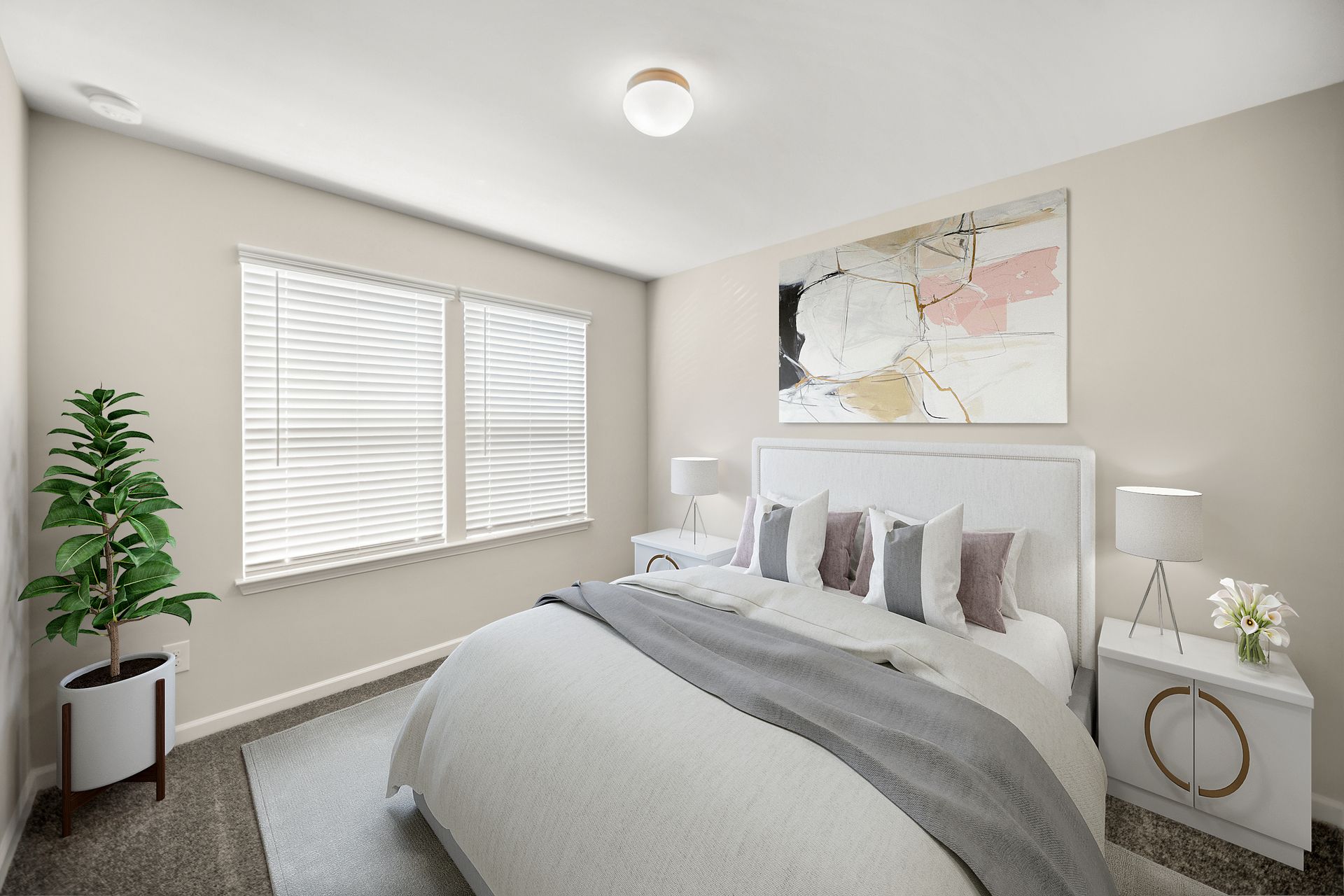 A bedroom with a bed , nightstands , lamps , and a window.