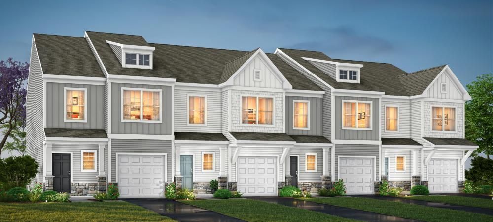A rendering of a row of houses in a residential area.