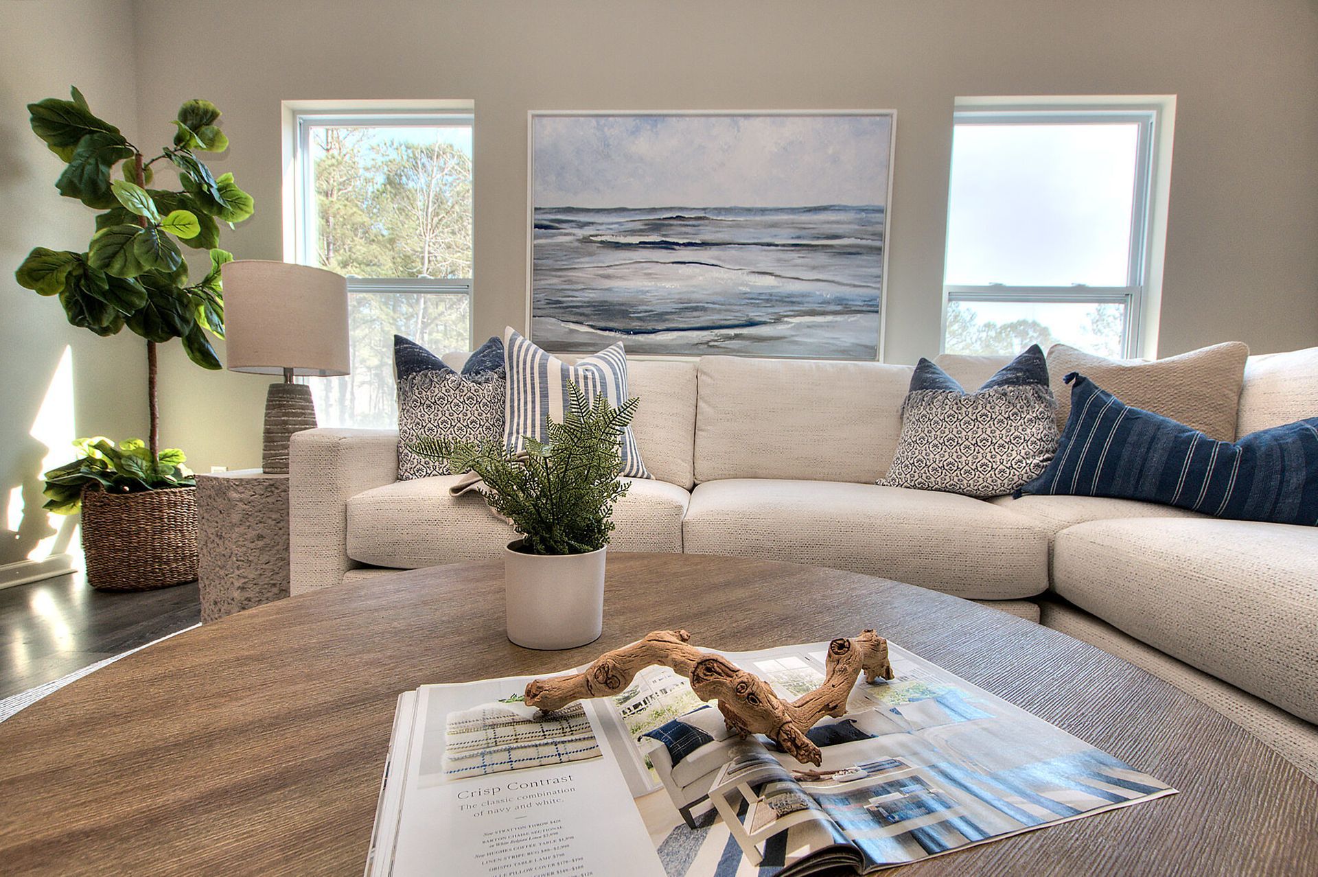 A living room with a couch and a coffee table