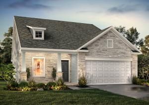 A rendering of a house with a gray roof and a white garage door.