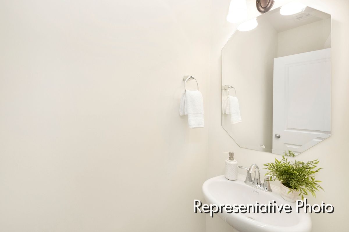 A bathroom with a sink , mirror and plant.
