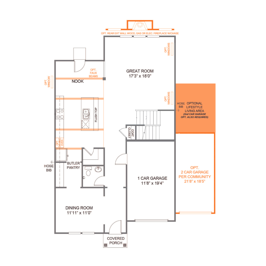a floor plan of a house with a great room in the middle