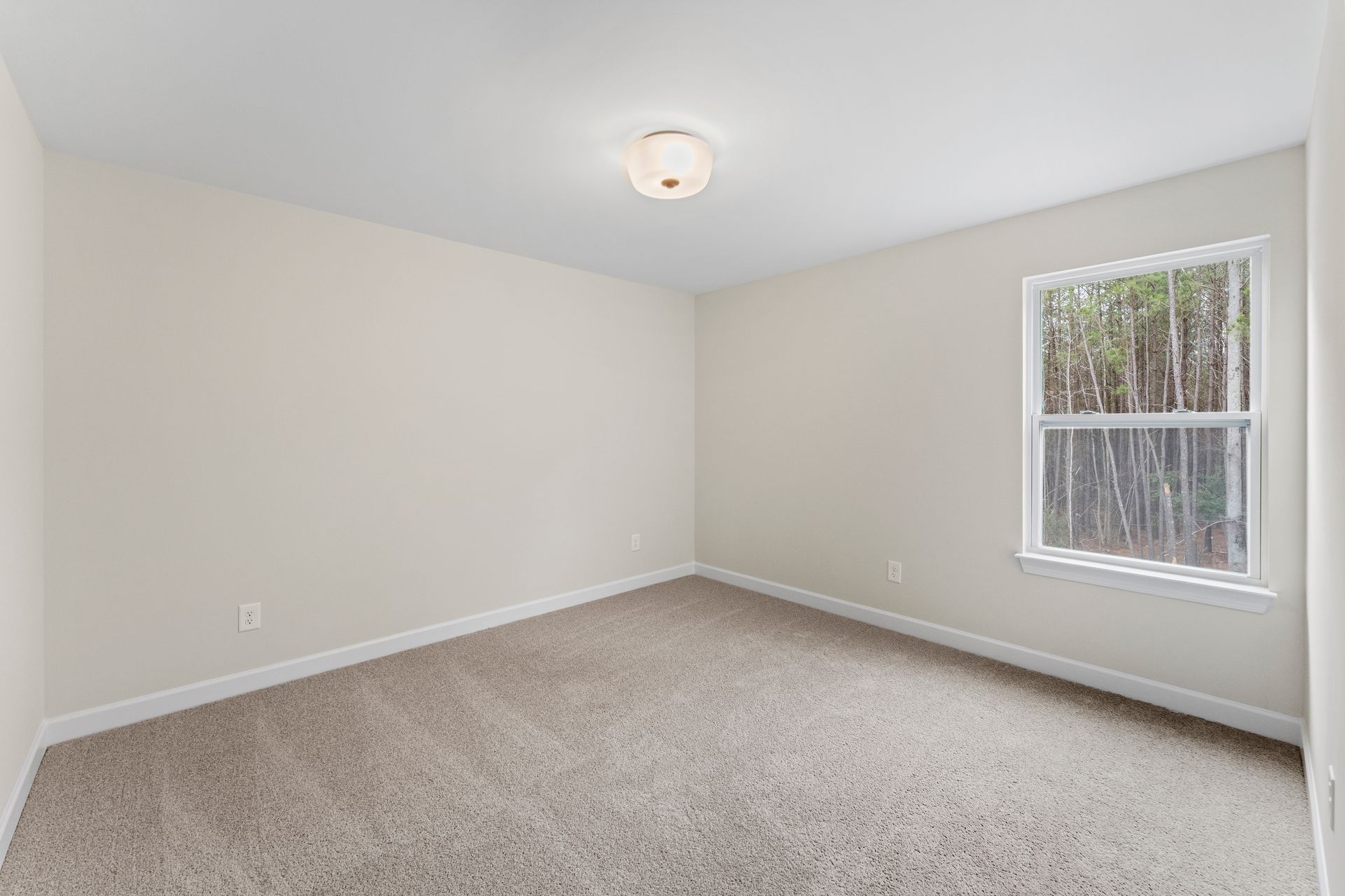 An empty bedroom with a window and a carpeted floor.