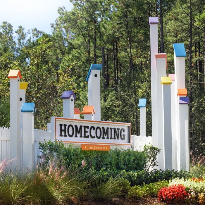 a sign that says homecoming is surrounded by colorful birdhouses