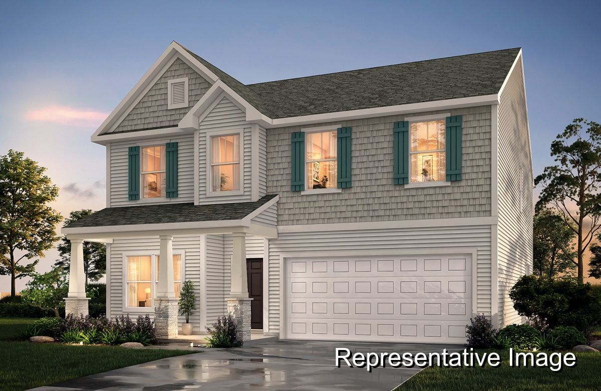 A rendering of a house with green shutters and a garage door.