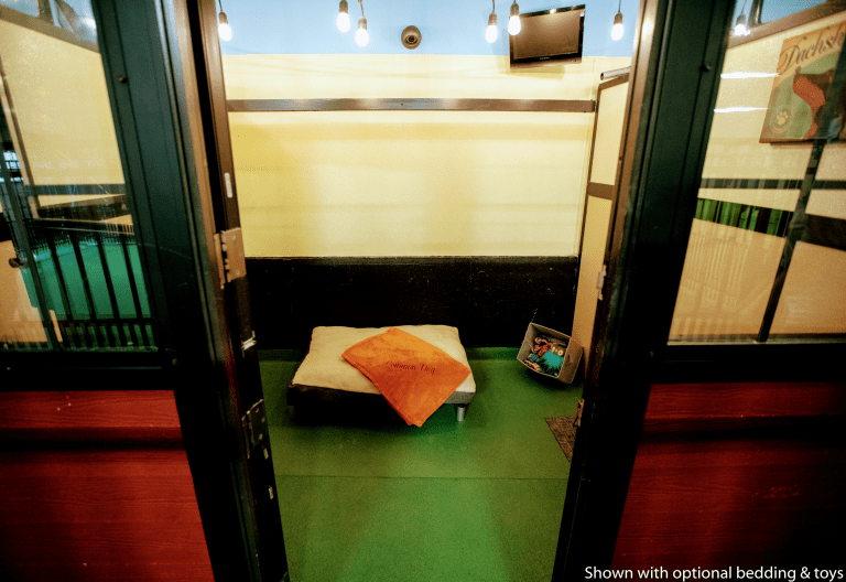A room with a bed and a sign that says shown with optional bedding & toys
