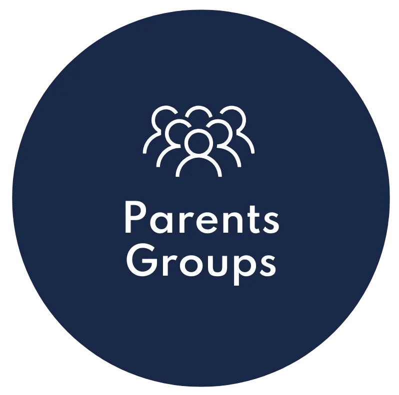 A blue circle with the words `` parents groups '' on it