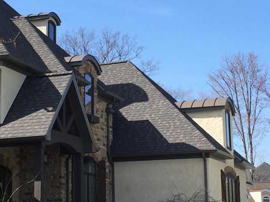 House With A Black Roof And Trees In The Background — Akron, OH — D&M Roofing LLC