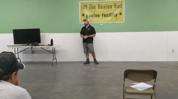 Jeff Scarpino teaching a dog soicialization workshop in Newark, Vermont