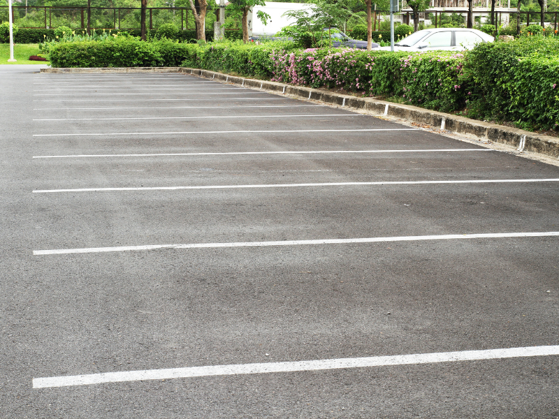 Empty asphalt parking spaces marked with white lines. Green hedges line the edge.