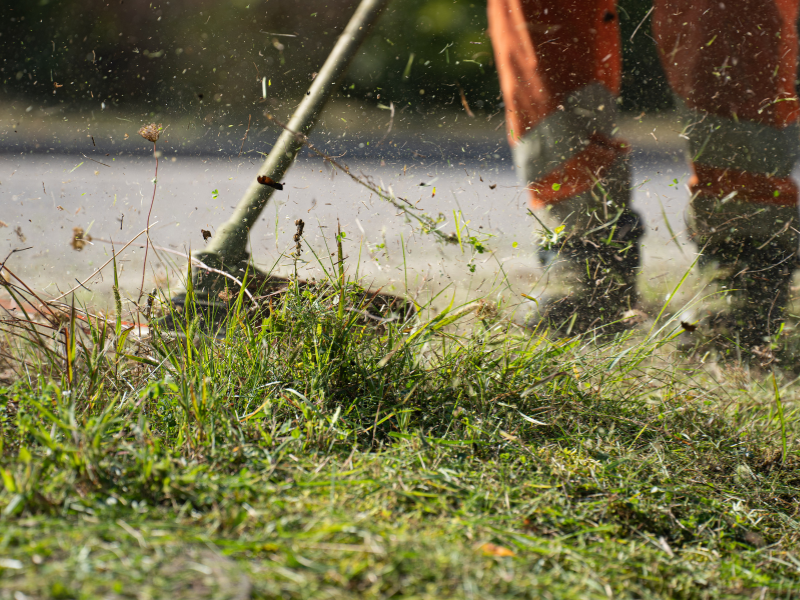 A person in orange work clothes trims grass with a string trimmer near a road.