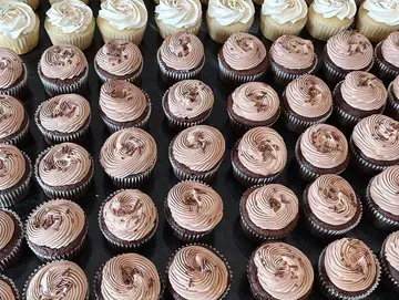 Rows of chocolate and vanilla cupcakes with piped frosting, arranged on a dark surface. Some have chocolate shavings.
