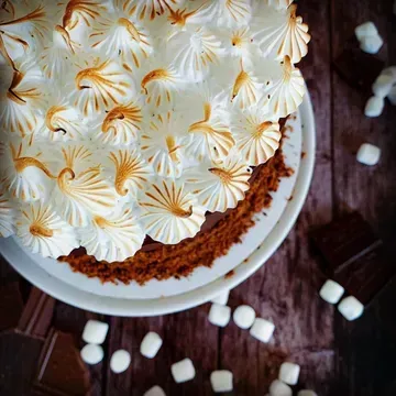 Chocolate cake with toasted meringue frosting on a white plate, surrounded by marshmallows and chocolate pieces on a wooden surface.
