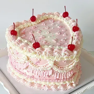 Heart-shaped cake with pink and white frosting, decorated with cherries and intricate piping, on a white tray.
