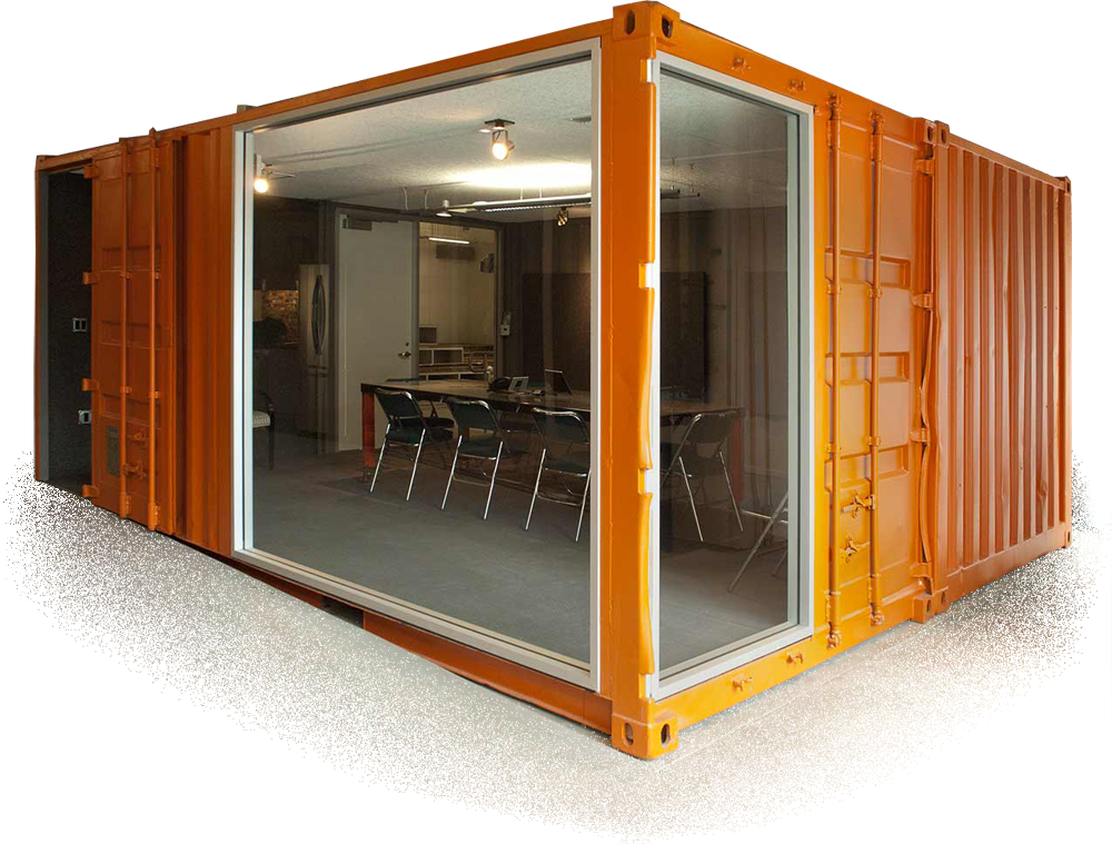 a container modified into an office space with orange exterior paint