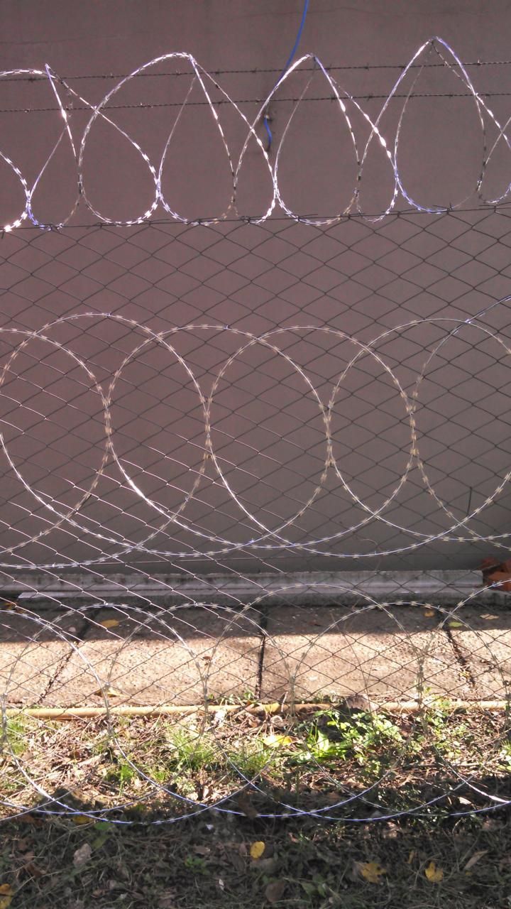 Alambre de púas en espiral sobre una cerca de malla, contra una pared color canela. Follaje otoñal en el suelo.
