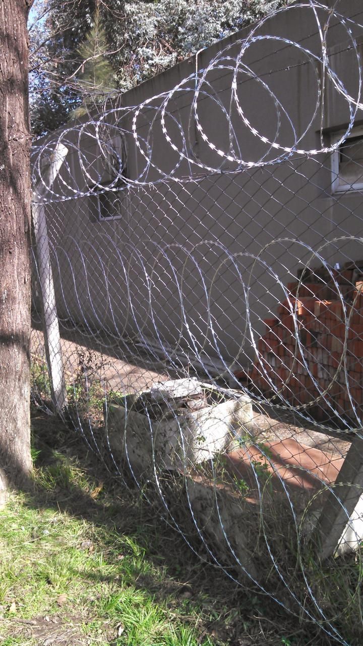 Una valla de alambre de púas rodea un edificio junto a un árbol y césped.