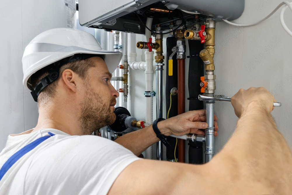 A man is working on a boiler with a wrench.