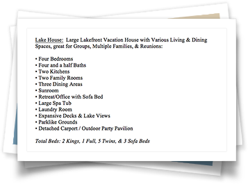 A brochure for a lake house with various living and dining spaces