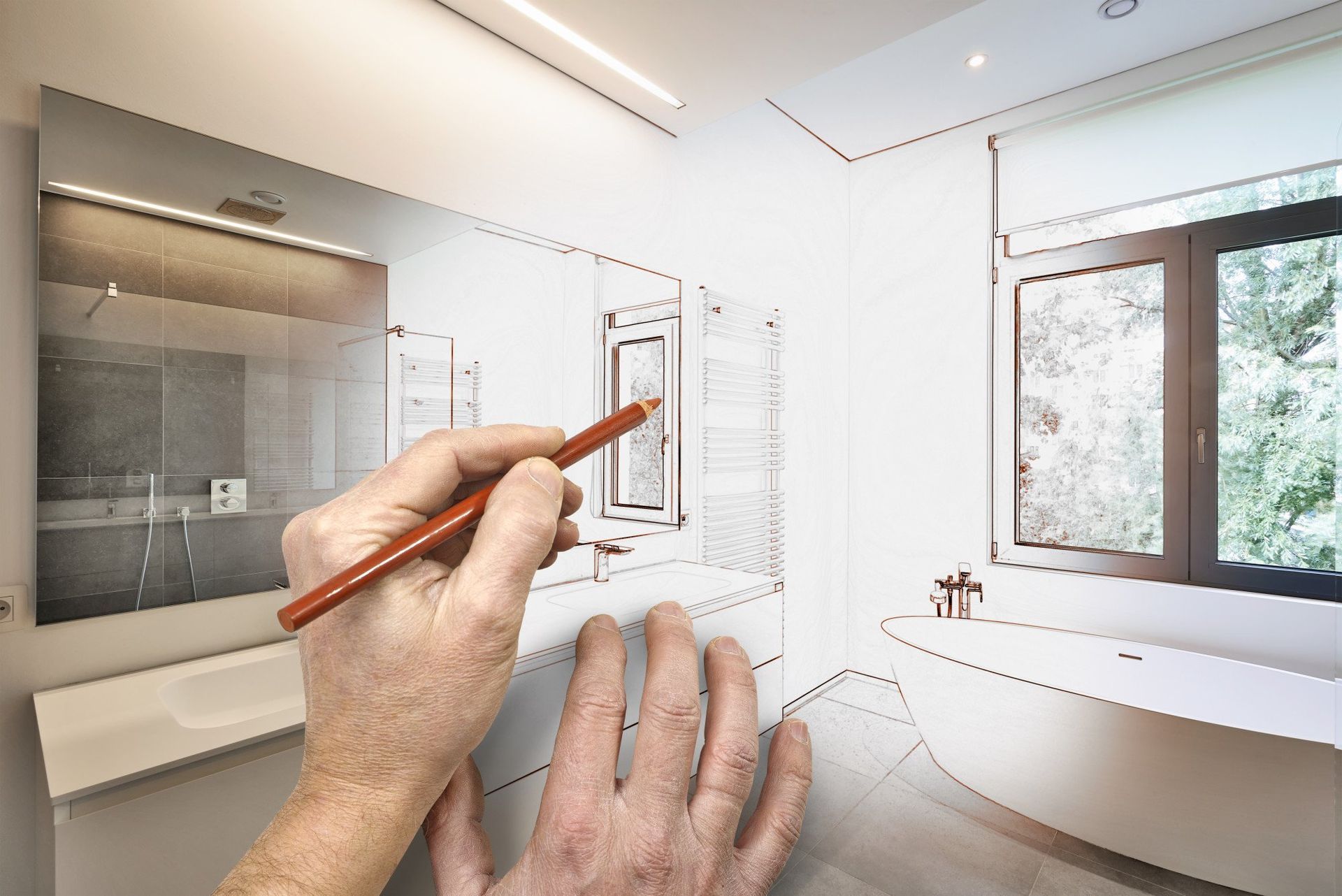 a person is drawing a bathroom with a pencil.