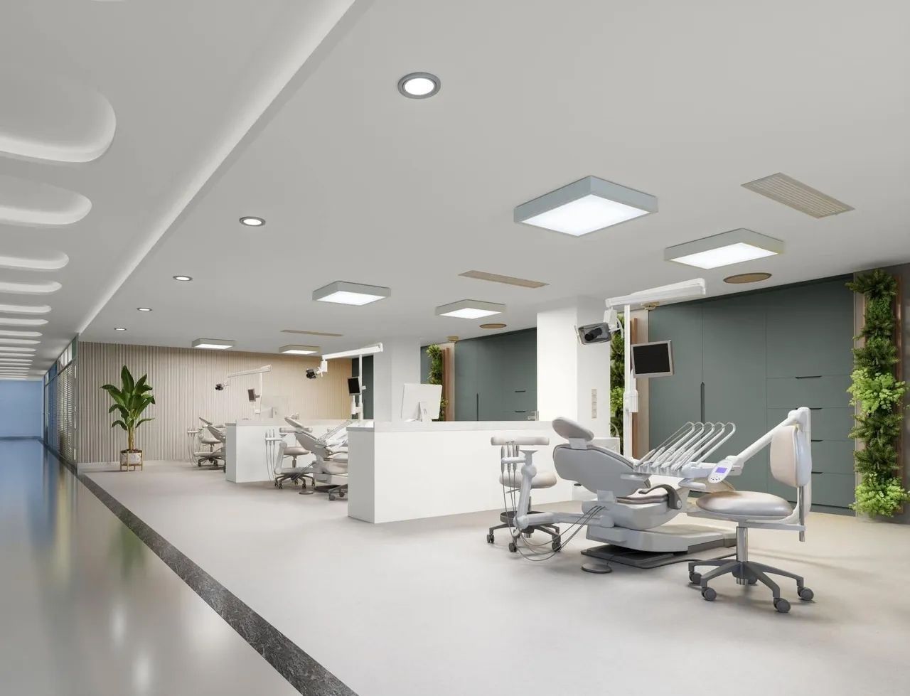 a dental office with a row of dental chairs