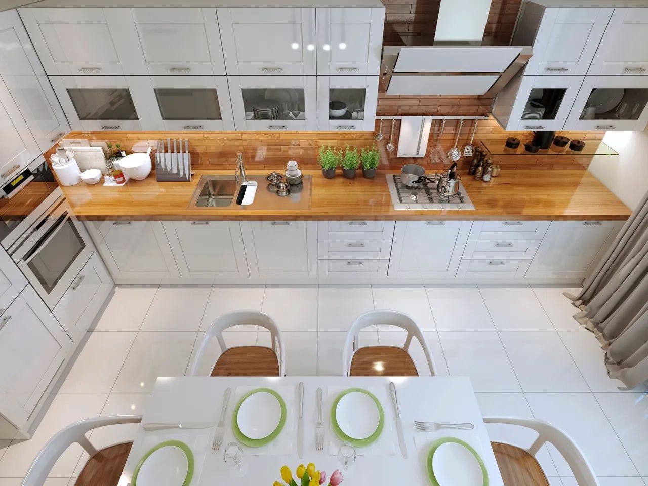 a kitchen with white cabinets and wooden counter tops