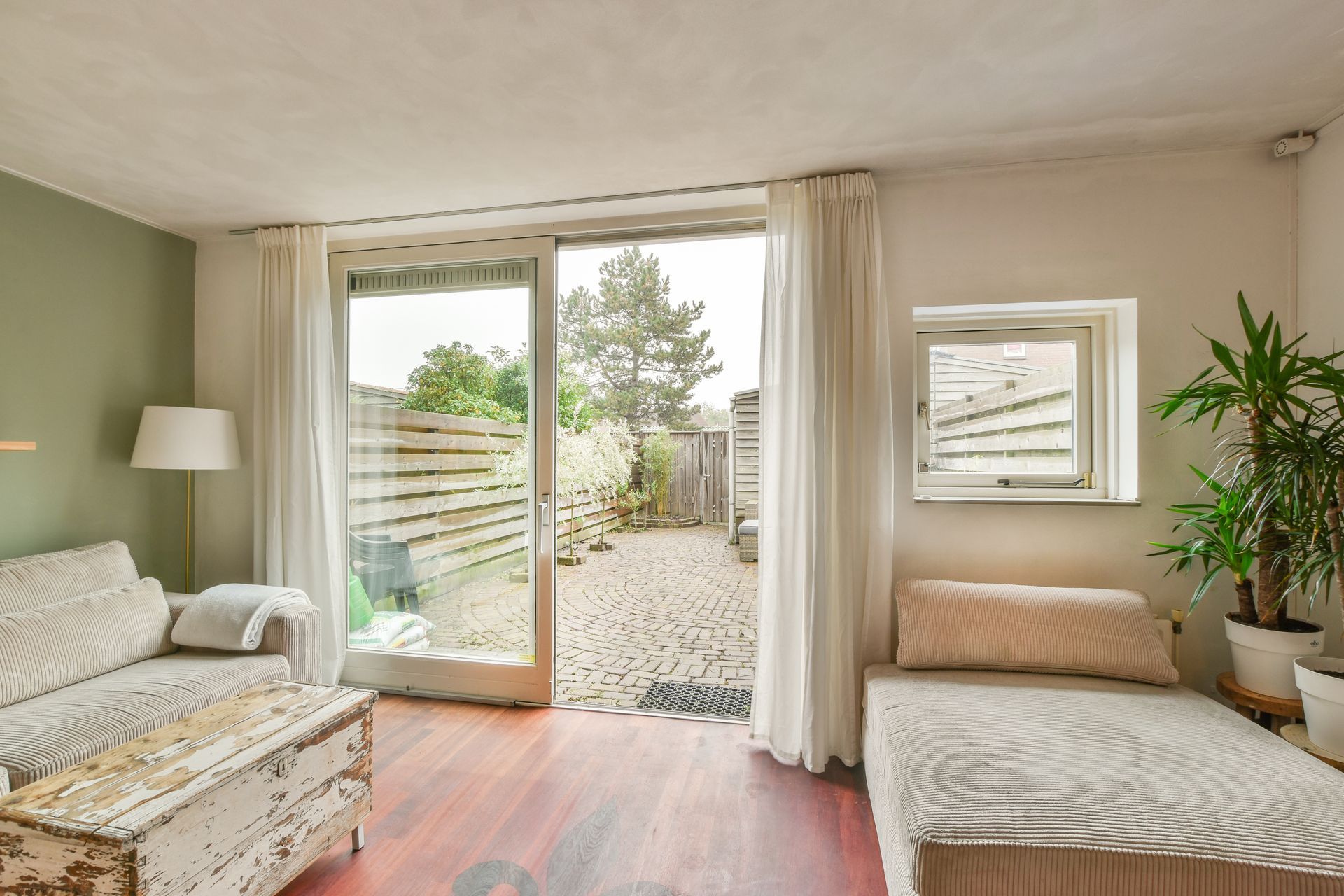 Living room with sliding door to backyard, sofa, daybed, plants, and a green accent wall.