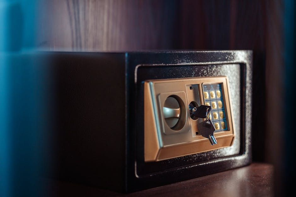 Black and gold safe with keypad and key in a dim setting.