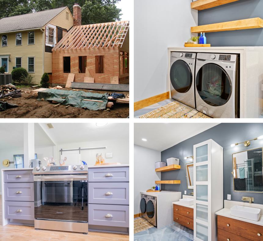 a collage of pictures shows a house under construction a laundry room and a bathroom