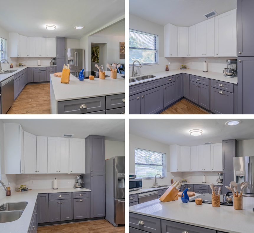 four pictures of a kitchen with gray cabinets and white counter tops