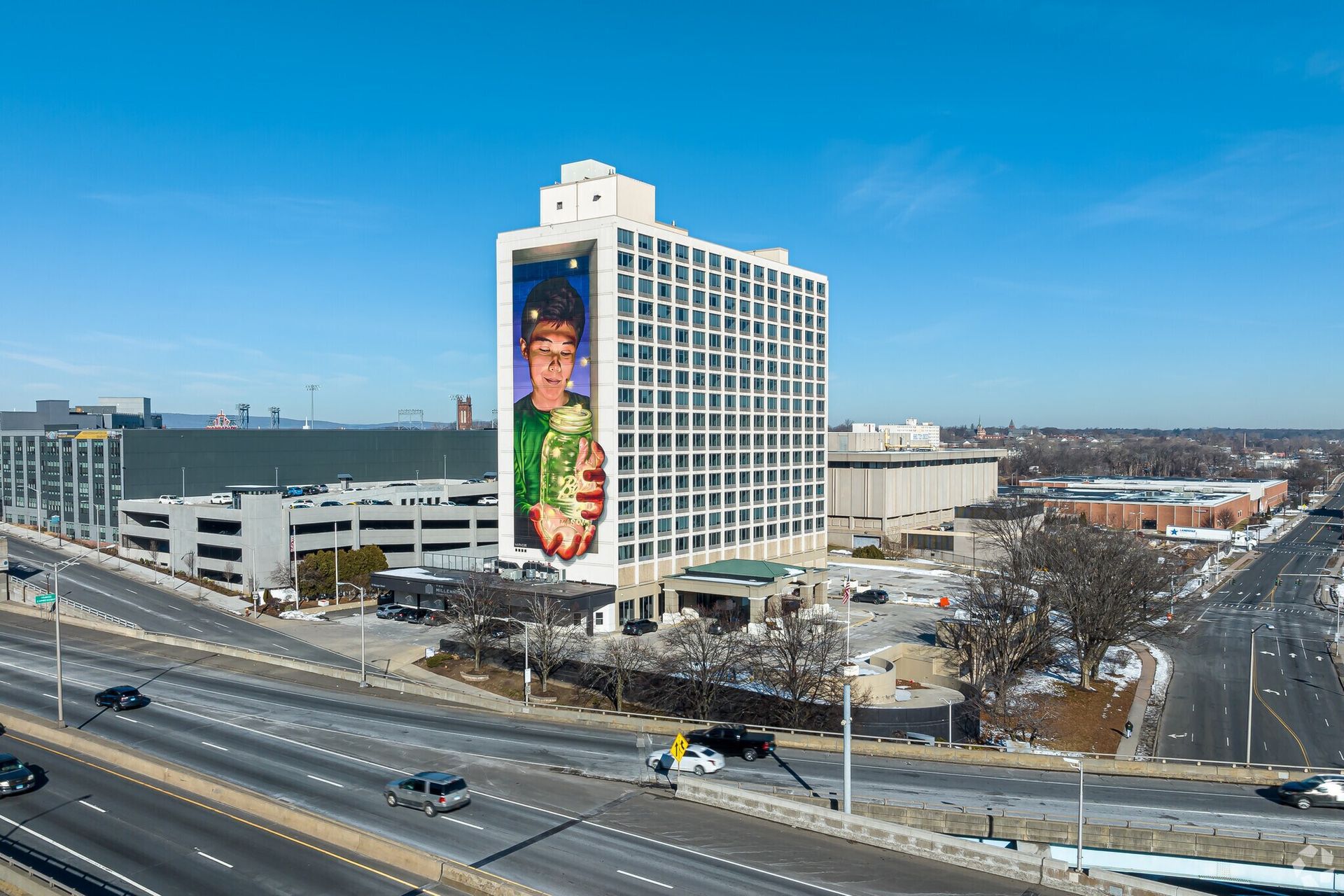 Aerial view of The Millennium apartment building in downtown Hartford, Connecticut