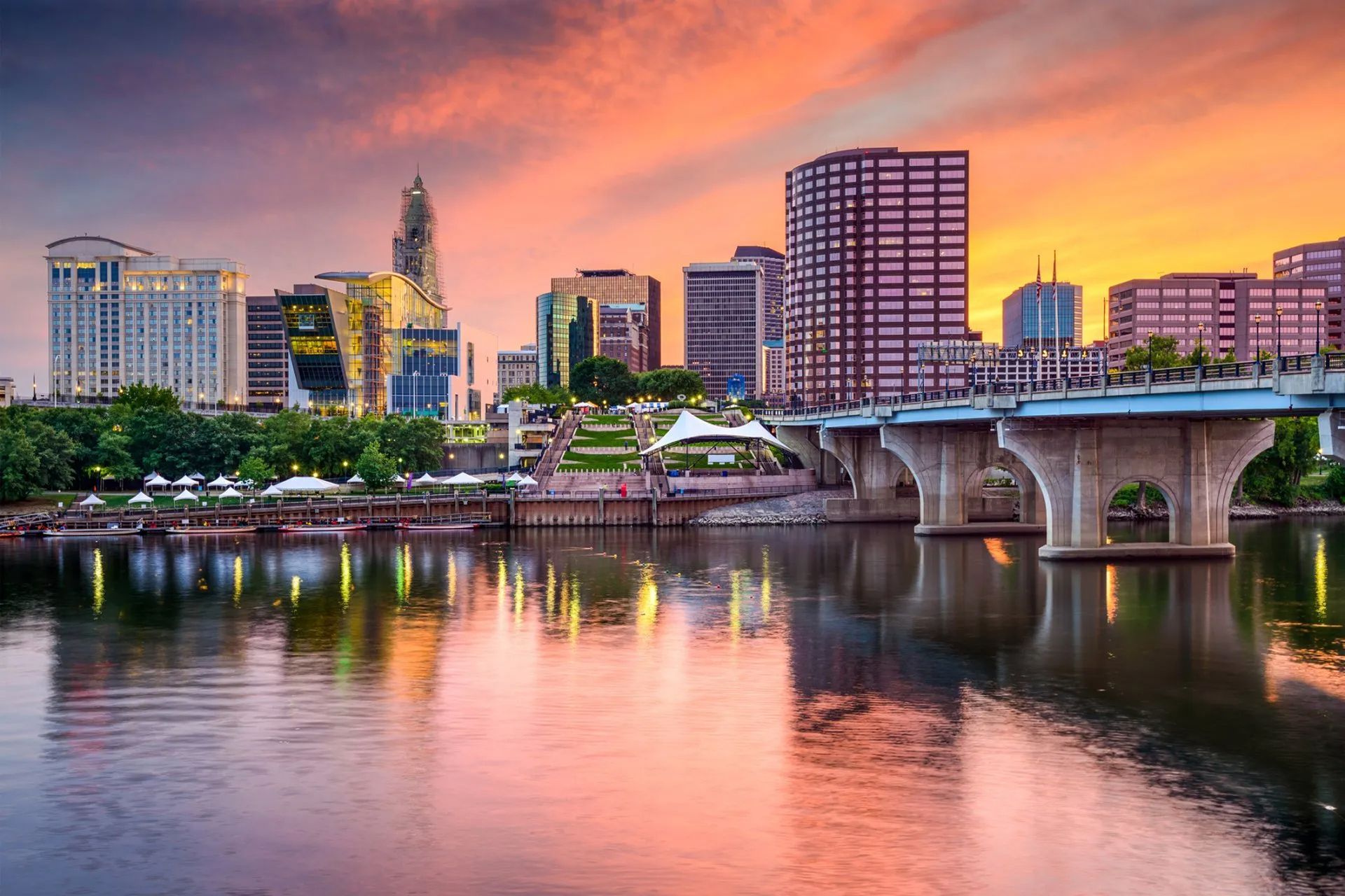 Hartford skyline and Connecticut River at sunset near The Millennium apartments