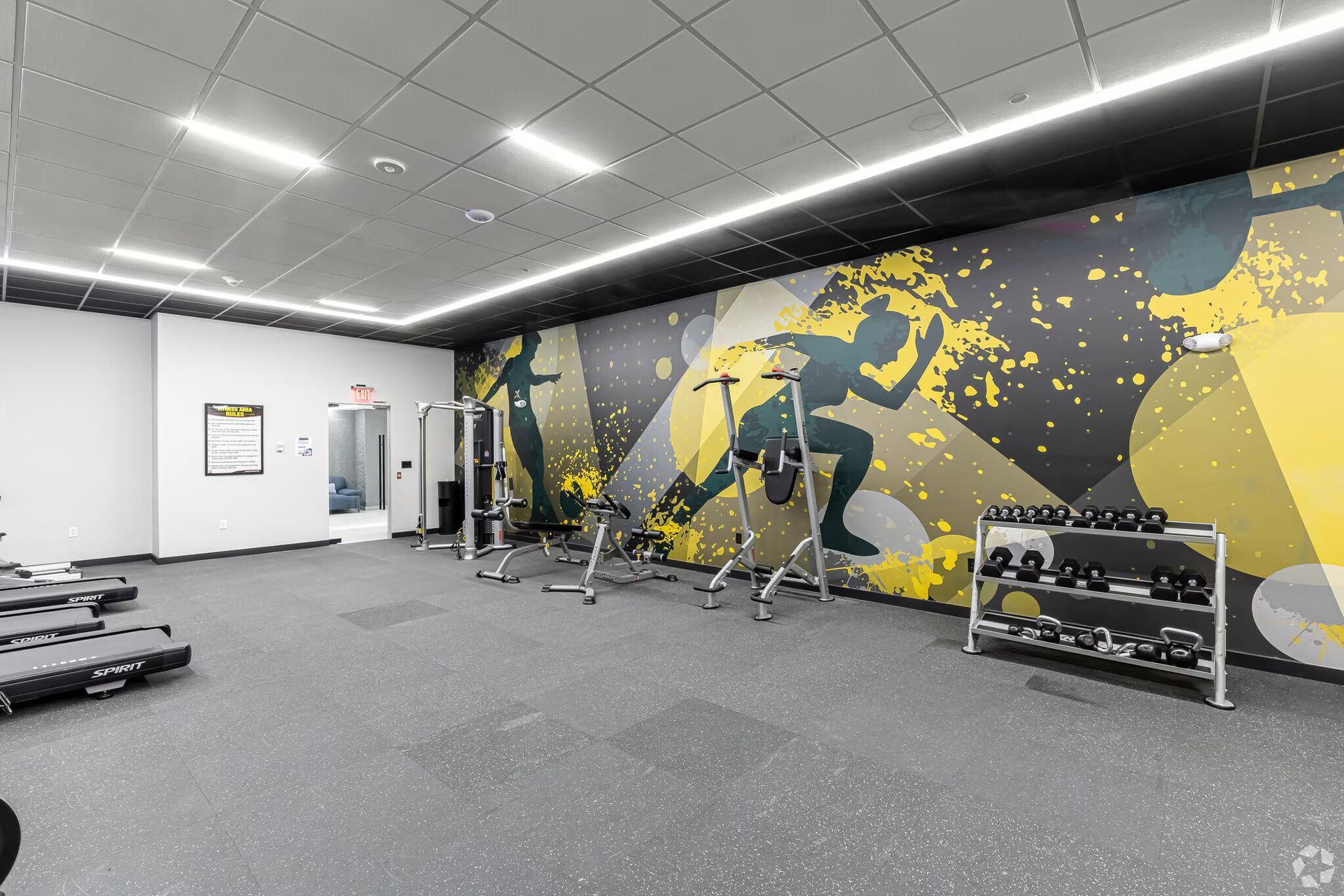 Modern apartment gym with free weights and training area at The Millennium Hartford