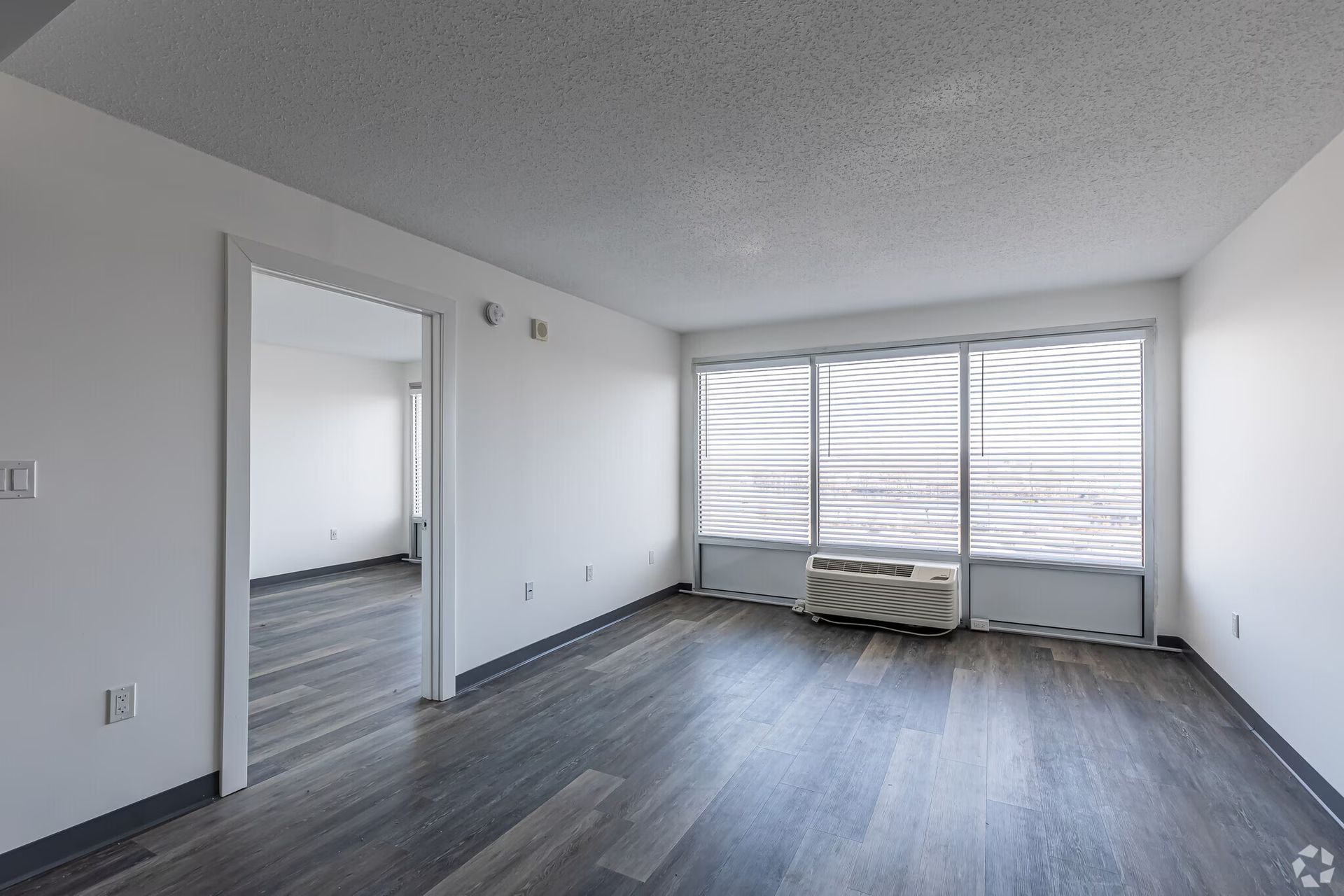 Open unfurnished apartment living area with wood-style flooring at The Millennium