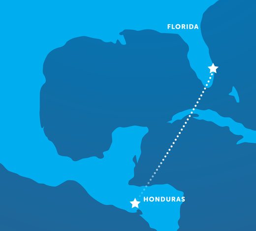 A map with a link between the US office in Florida and Honduras. 
