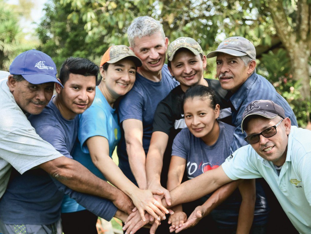 Team members with their hands stacked on top of each other.